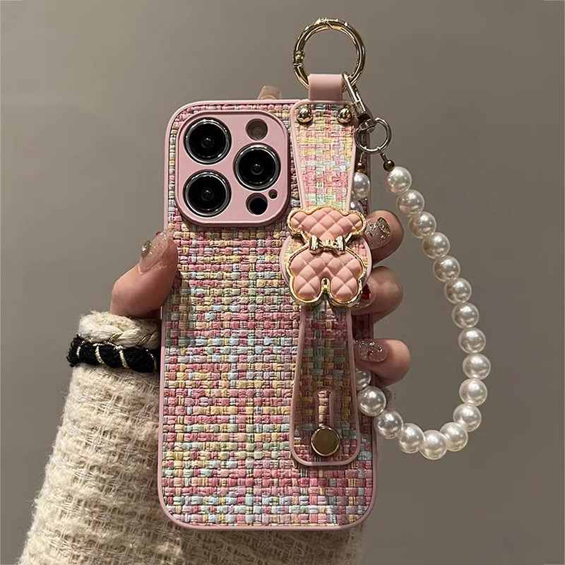 苹果16手机壳编织纹腕带iphone15promax全包防摔13pro皮质小香风14plus珍珠手链挂绳12保护套11女高级感新款p