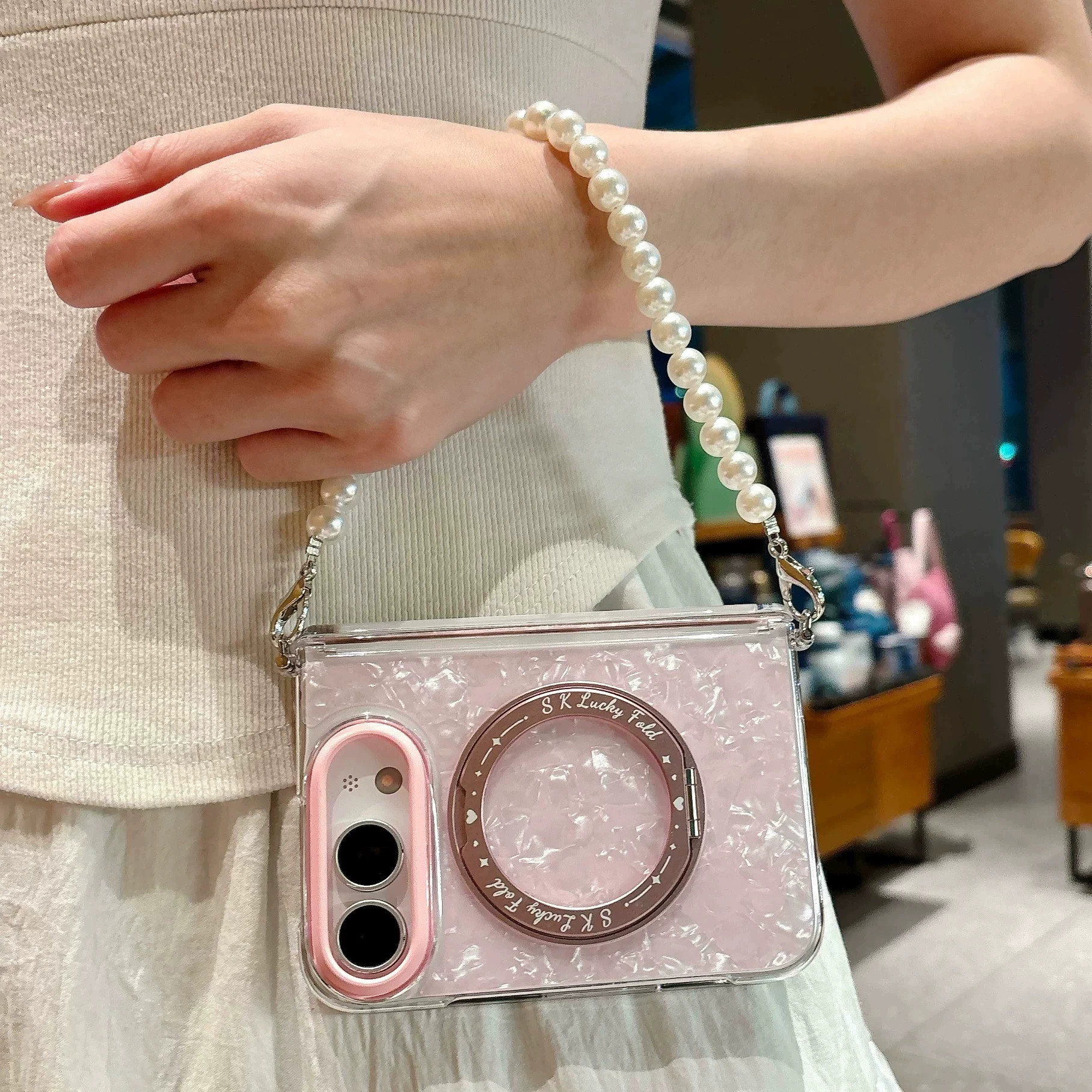 适用iPhone Duo手机壳新款苹果Duo折叠屏中轴全包防摔粉色贝壳纹保护套iphoneduo旋转支架手提链挂绳女外壳壹