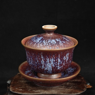 钧瓷名家百年郗家纯手工炭烧炉钧窑变精品三才盖碗原矿中式复古