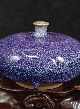 钧瓷名家常远纯手工紫色孔雀羽窑变精品豆豆瓶花瓶原矿中式复古