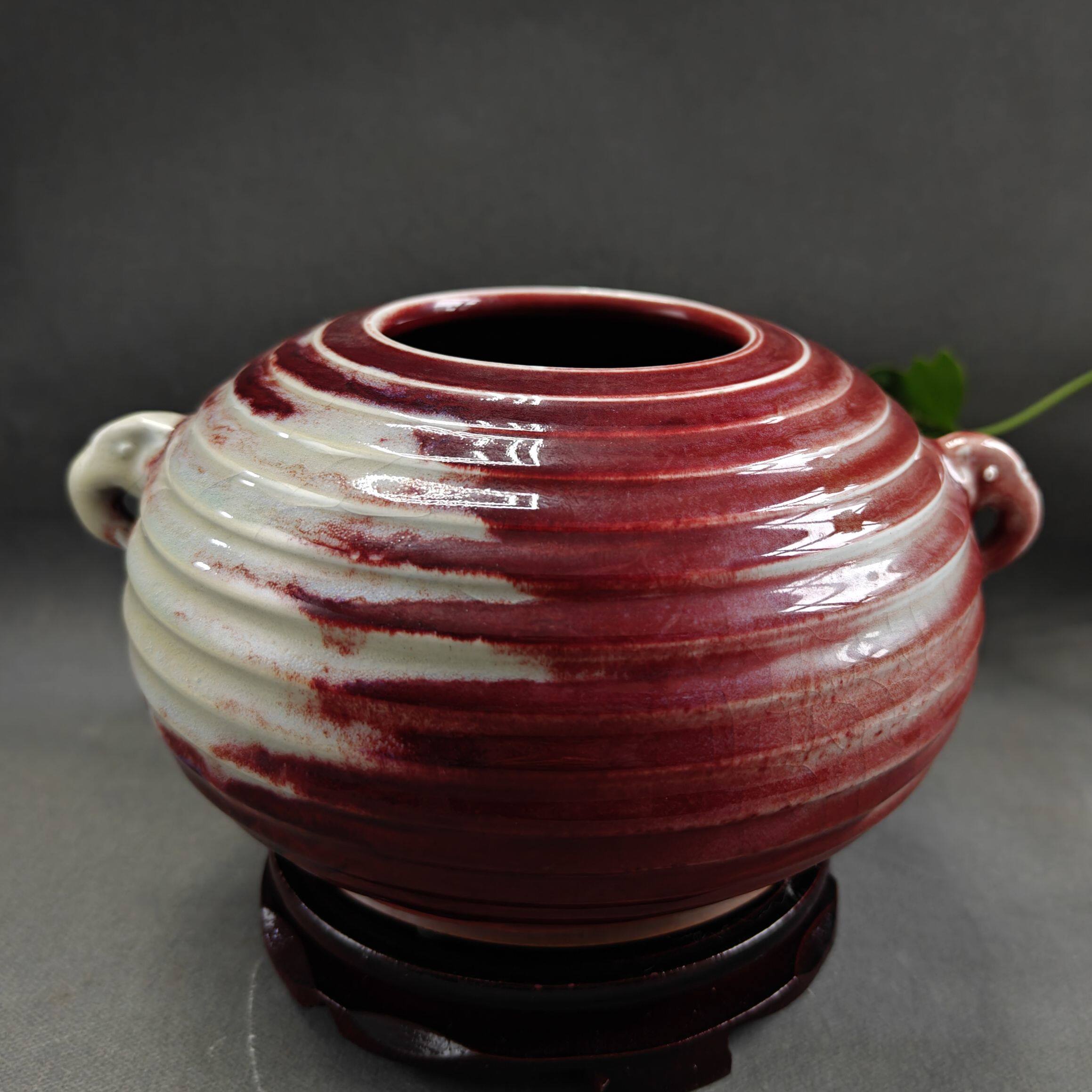 禹州钧瓷名家裴帅领手工玉石釉精品窑变双耳罐花瓶摆件家居装饰品