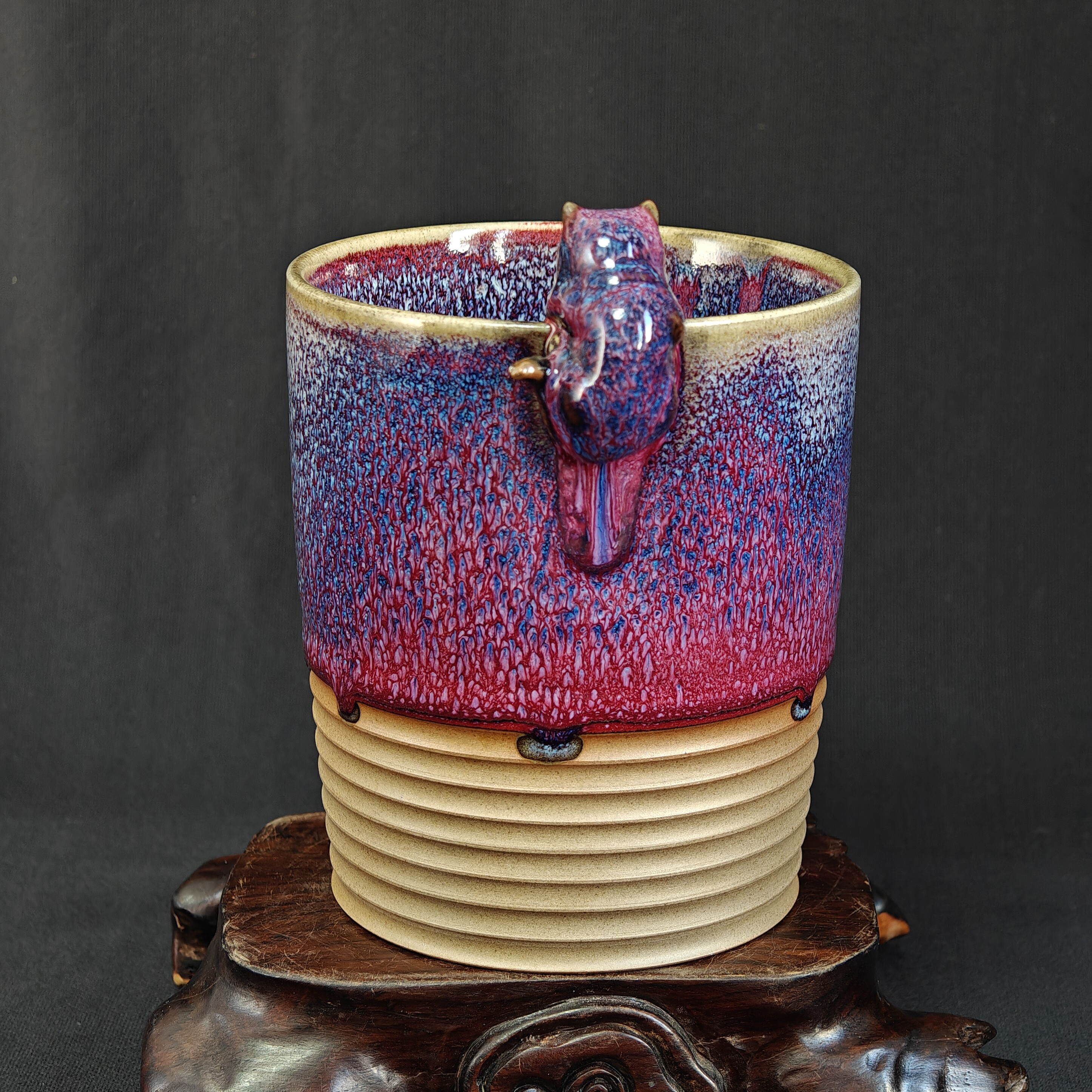 钧瓷名家常远纯手工紫色半釉窑变精品猫罐笔筒花瓶水㿻摆件原矿