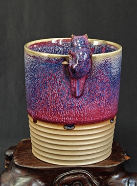 钧瓷名家常远纯手工紫色半釉窑变精品猫罐笔筒花瓶水㿻摆件原矿