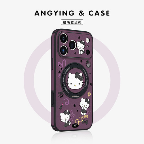 ANGYING × 紫色赫本猫咪适用iPhone18Promax手机壳Ho5新款ip16磁吸带支架苹果17Pro支点套15全包13pm高级感