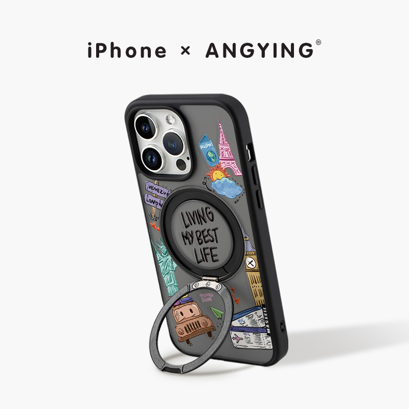 ANGYING × 旅行攻略会适用苹果16promax手机壳iPhone15pro新款带支架ip13全包Fo5磁吸支点潮牌套14高级感