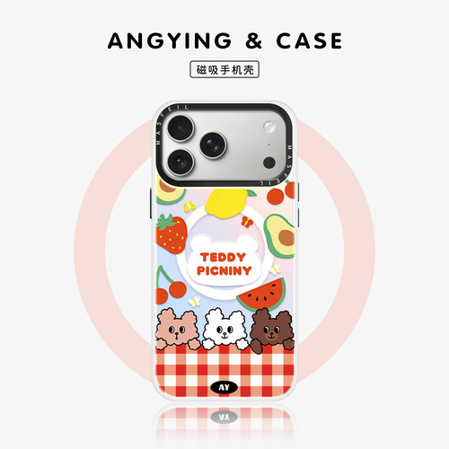 ANGYING × 野餐熊崽适用苹果18promax手机壳ip16磁吸新款iPhone17pro保护套13pm高级感全包15带支架14可爱女