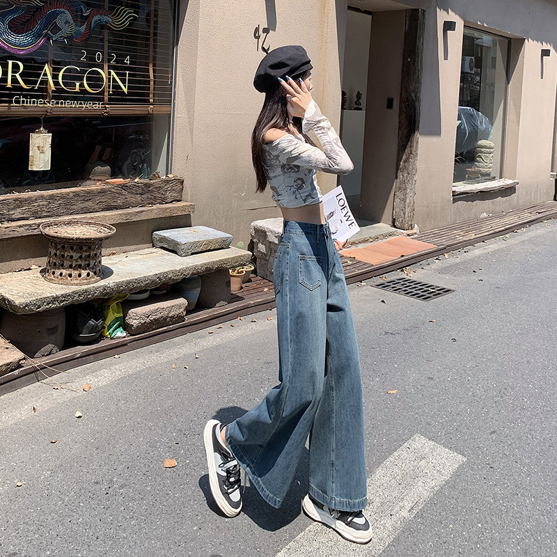 高端精品女士阔腿牛仔裤高腰新款牛仔裤