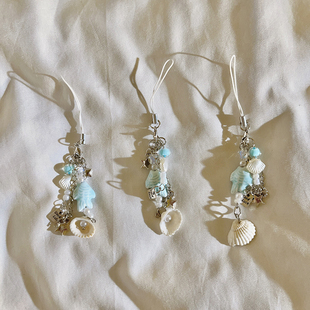 可爱少女心新款 小清新夏日小鱼贝壳挂件手机链钥匙扣ccd拍立得相机链礼物串珠手链手提防丢耳机套便携挂绳G17