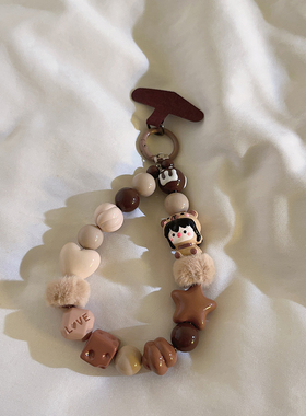 卡通ins手工串珠手链挂件手机壳超萌可爱女款秋冬咖色链条CCD相机拍立得配饰手提防丢便携车钥匙耳机挂链腕带