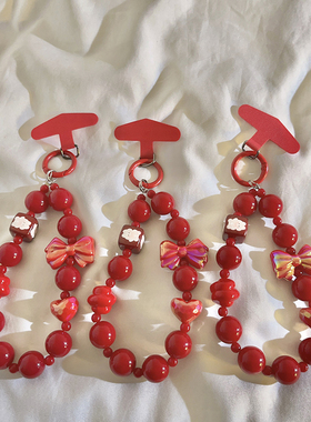 可爱红色手工串珠手链适用手机壳DIY新年喜庆女款手机短款腕带手环挂链ccd车钥匙扣耳机配饰便携链条挂绳899