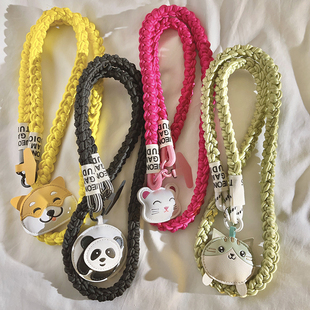 趣味卡通熊猫秋田犬猫咪皮标挂件编织带尼龙斜跨长绳适用于手机壳ccd相机结实耐用多功能户外便携侧肩可爱女