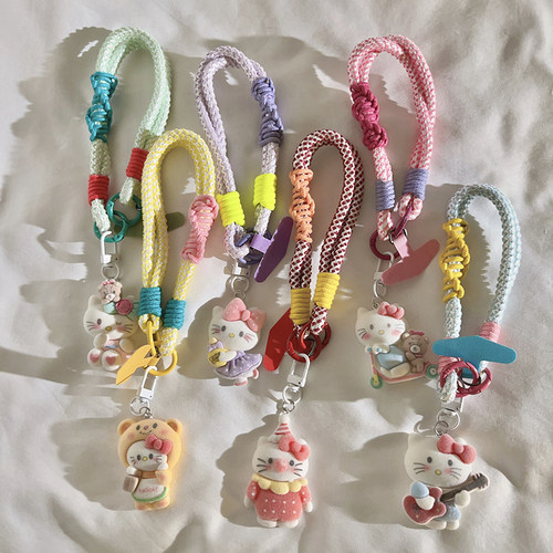 网红爆款动漫卡通可爱立体植绒KT猫小挂件手机链螺旋纹短绳适用于手机壳可爱女款通用ccd耳机套便携手腕挂链