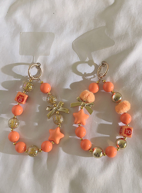 小众设计橙色蝴蝶结串珠手链适用于手机壳ins创意挂饰少女心毛球星星挂绳耳机套取汽车钥匙扣ccd便携挂绳203