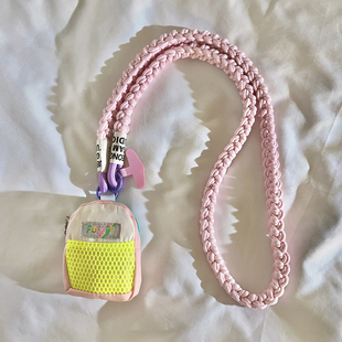 ins风彩色笑脸网格粉色零钱包编织带尼龙斜跨长绳适用于手机壳多功能钥匙扣蓝牙耳机套收纳ccd便携侧肩可爱女