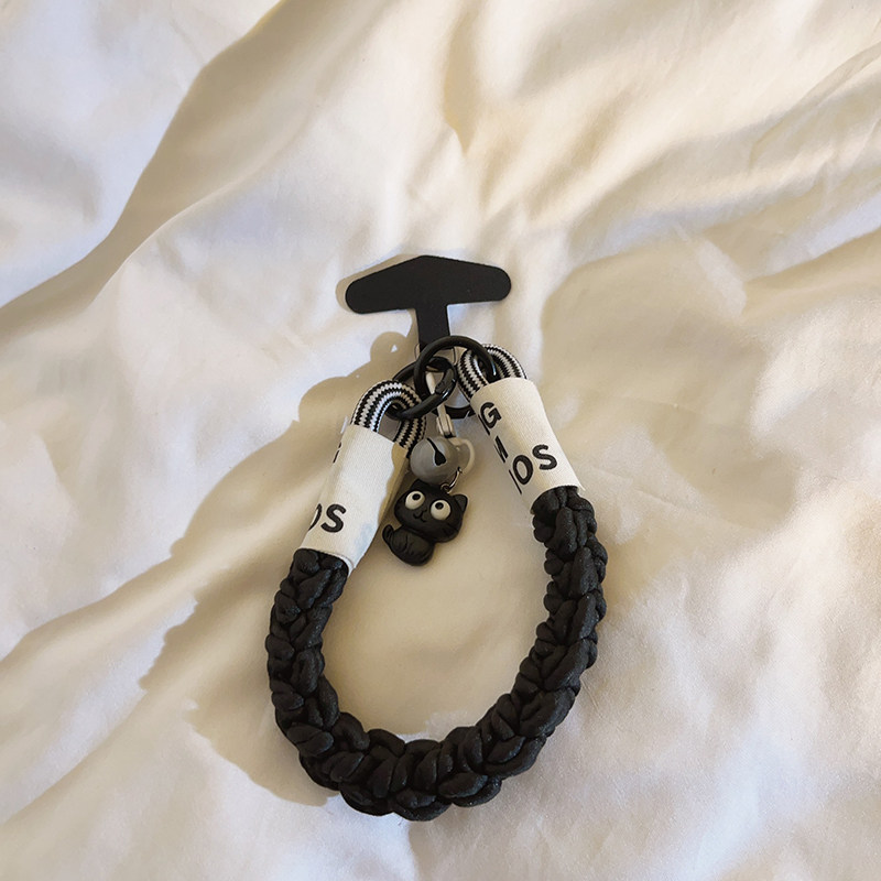 ins立体吊坠黑猫猫灰铃铛编织短款尼龙手绳适用手机壳可爱卡通女款汽车钥匙扣耳机挂件便携腕带手环手提防丢