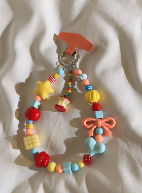 网红多巴胺苹果核ins彩色挂饰手工可爱串珠手机链适用于手机壳挂绳ccd挂件手腕短款手环钥匙扣ccd便携挂饰H31