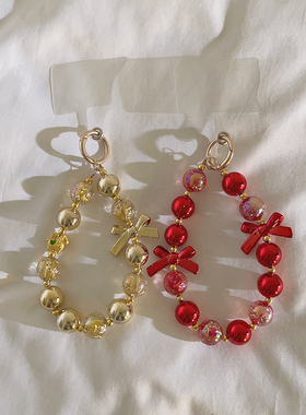 高级感精致蝴蝶结红色金色串珠手链适用于手机壳多功能手机链时尚新年女款车钥匙扣ccd耳机套便携挂绳手腕202