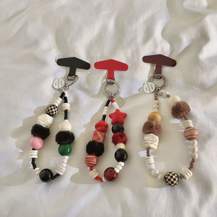 ins气质高颜值秋冬毛绒混色珠珠手链挂件手机壳DIY创意潮流网红女款 手机挂链车钥匙扣耳机手环CCD便携配饰719