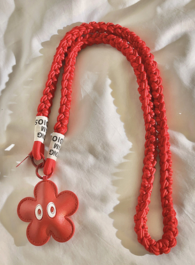 高级感时尚趣味卡通皮质红色花朵眼睛挂件编织带尼龙斜跨加粗长绳适用于手机壳可爱女款多功能手机链ccd侧背