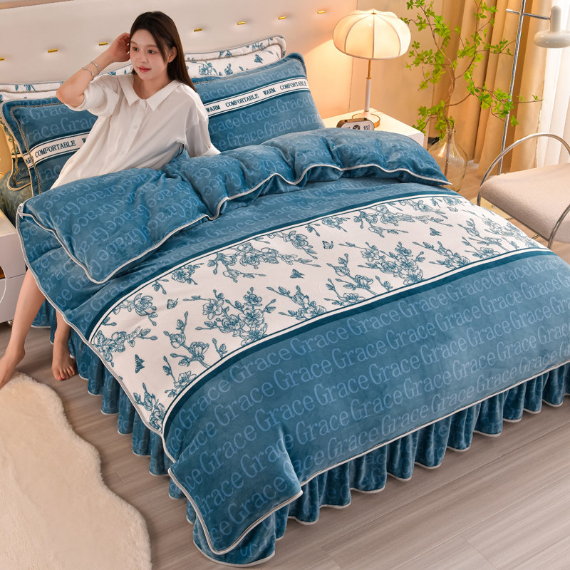 冬季牛奶绒床裙四件套加厚双面法兰绒加绒床单被套珊瑚绒床上冬天