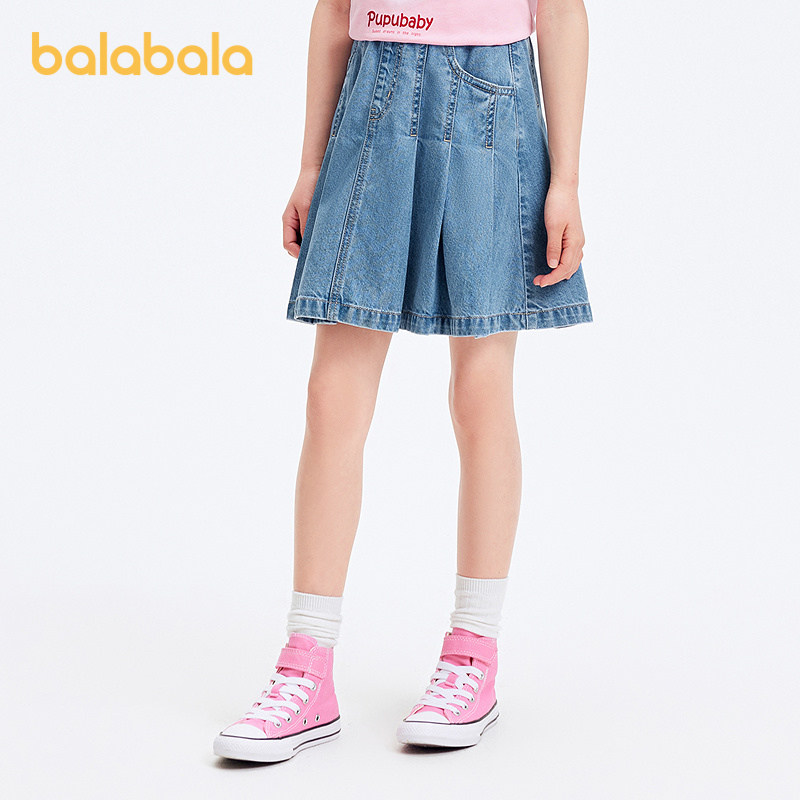 巴拉巴拉儿童牛仔裙子女童夏装半身裙百搭百褶裙大童纯棉甜美时尚