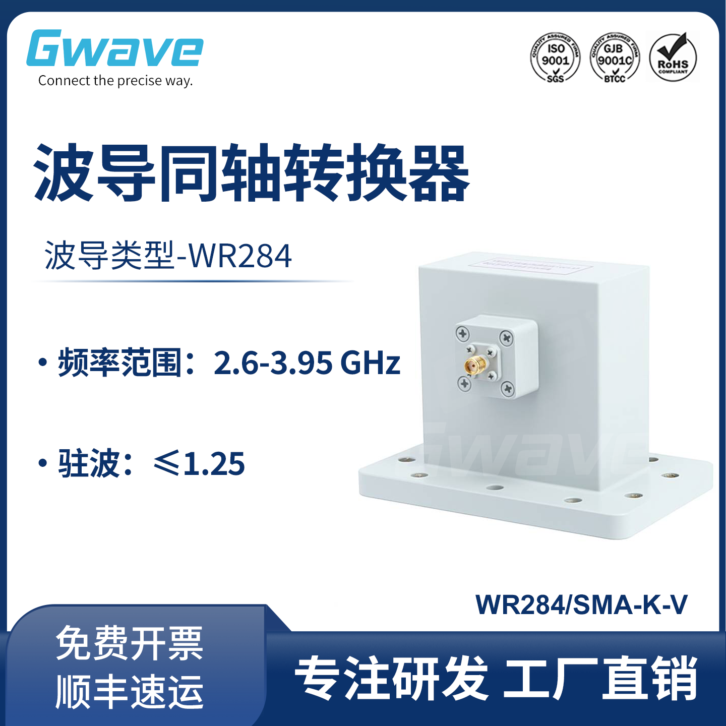 谷波互连WR284转SMA母波导同轴转换器S波段2.6-3.95GHz FDP32法兰
