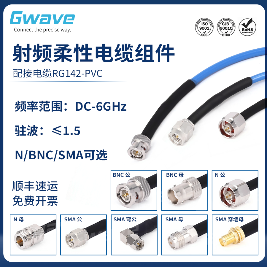 谷波互连SMA/BNC/N射频连接线柔性延长线RG142双屏蔽低损耗 DC-6G