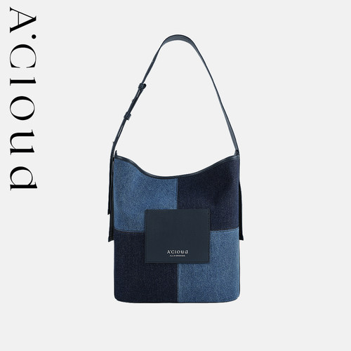 A.Cloud春夏新款牛仔拼皮托特包