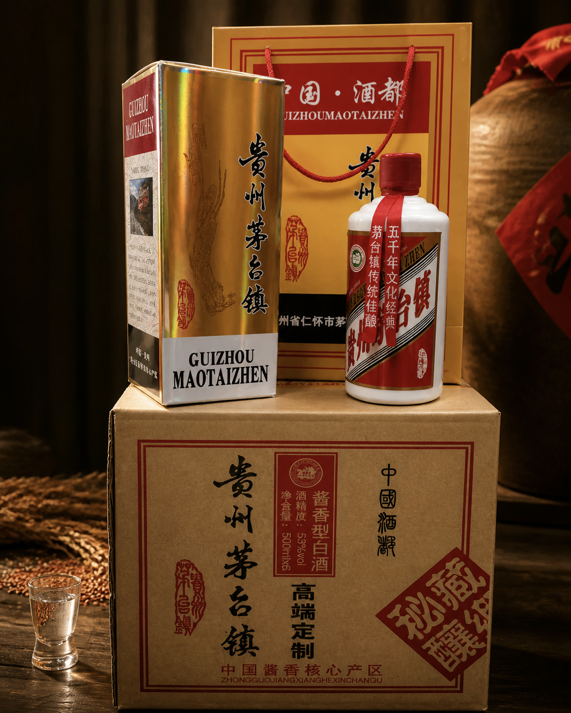 通用酱香酒瓶包装材料全一套 含瓶子盖子丝带胶帽盒子手提袋标签