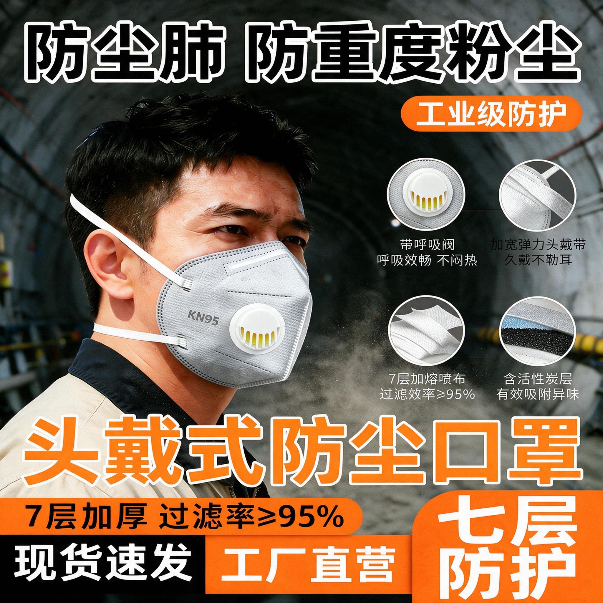 KN95头戴式防尘口罩n95活性炭防工业粉尘防尘肺电焊切割打磨专用