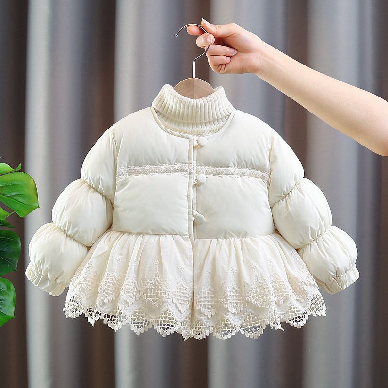 女童冬季棉服外套韩版婴幼儿洋气花边夹棉圆领棉衣加绒保暖棉袄冬