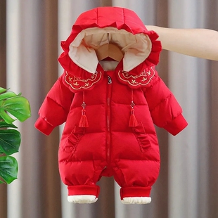 哈衣婴儿周岁衣服冬装宝宝加厚冬季过年拜年喜庆保暖加绒连体衣潮