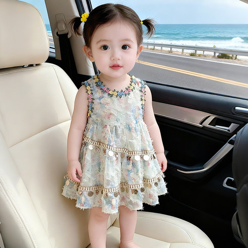 女童度假风连衣裙夏季新款裙子时尚洋气流苏挂饰西域公主裙背心裙