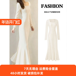 白色步步生莲鱼尾裙连衣裙女秋冬季内搭针织梨形伯克利包臀长裙子