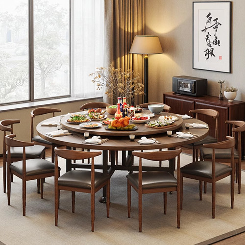 新款中古风实木圆桌餐桌