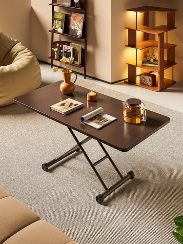 升降茶几客厅升降茶台中古风餐桌黑胡桃书桌家用茶桌可移动边几