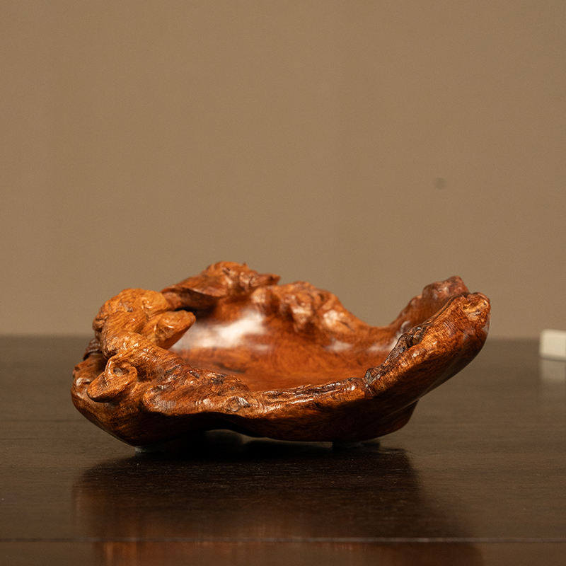 黄花梨一木整挖蝙蝠灵芝纹香盘客厅办公室中式摆件海南黄花梨呈盘