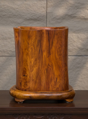 二十世纪黄花梨整挖荷叶边随形画筒文房雅器海南黄花梨大笔海笔筒