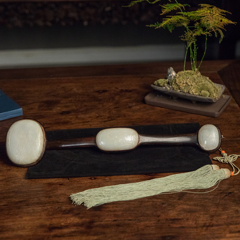 清中期紫檀三镶白玉花卉纹如意古玩古董收藏办公室玉如意招财摆件