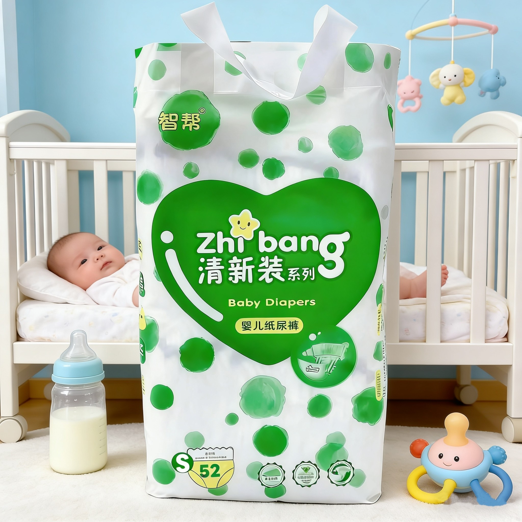 智帮纸尿裤尿片宝宝新生儿婴儿尿不湿亲肤透气超薄S52片M50片尿布