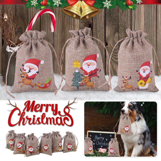 christmas jute linen bags, xmas jute linen drawstring gift t