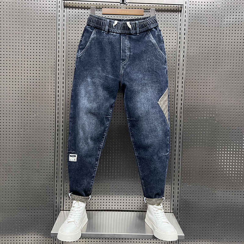 秋冬季加绒牛仔裤男潮牌宽松哈伦裤小脚休闲长裤青年松紧腰九分裤