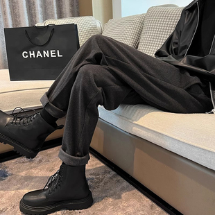 毛呢搭配马丁靴的裤子男秋冬英伦雅痞男装修身直筒西裤垂坠感高级