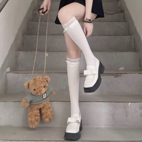 洛丽塔袜子夏薄蕾丝花边小腿袜女春蝴蝶结中筒堆堆袜jk高筒
