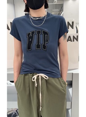 秒发诗歌兰58337时尚气质蓝色字母修身短袖上衣25秋季新款女装