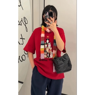 T恤女2025冬季 现货诗歌兰Z642潮流个性 简约搭配条纹围巾小狗短袖