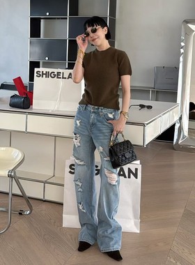 秒发新款诗歌兰99856破洞牛仔裤直筒小众百搭显瘦女裤2025秋季