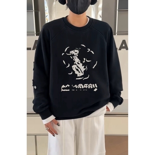 秒发诗歌兰214复古经典 新 校园风圆领印花破洞加绒卫衣女2025冬季