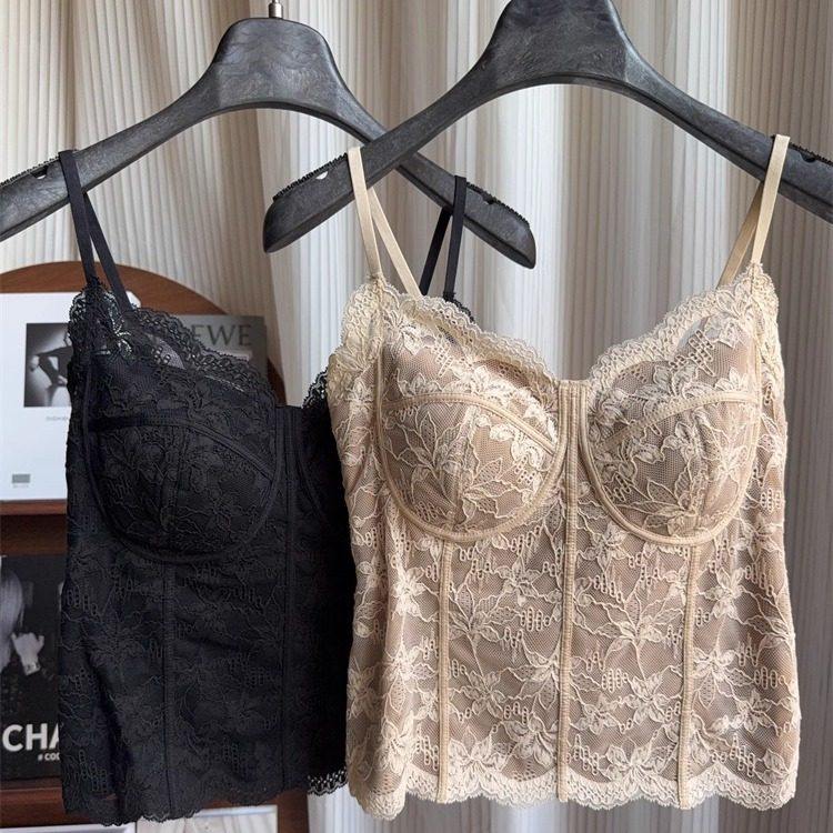 秋冬磨毛法式蕾丝纯欲吊带美背一体杯免穿文胸背心女修身显瘦6100