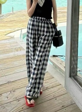 秒发诗歌兰58350慵懒简约温柔格子阔腿裤防晒休闲裤2025新款女装